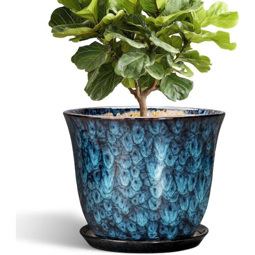 Ceramic Plant Pots - 12 Inch Pots for Plants Indoor Outdoor, Large Round Planter with Drainage Hole and Saucer, Modern Decorative Flower Pot, Home Garden Decor, House Warming Gifts, Blue