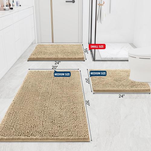 Smiry Luxury Chenille Bathroom Rugs 30x20, Extra Soft and Absorbent Shaggy Bath Mat, Machine Washable, Non-Slip Plush Carpet Runner for Tub, Shower, and Floor, Home Decor Accessories, Beige
