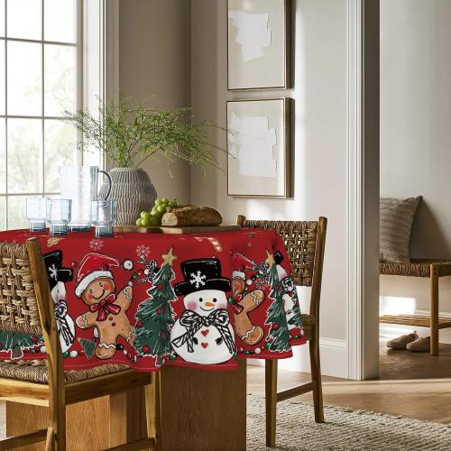 Horaldaily Christmas Tablecloth 90×90 Inch Round, Gingerbread Man Tree Snowman Red Washable Table Cover for Party Picnic Dinner Decor