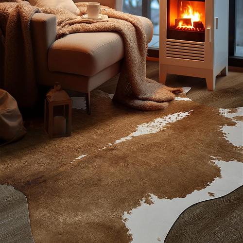 BENRON Premium Faux Cowhide Rug, Cow Print, Rustic Western Rugs for Living Room Bedroom, Irregular Animal Skin Hides, 4.6 x 5.2ft, Anti-Skid Cool Carpets for Cowboy Cowgirl Home Decor, Khaki Brown