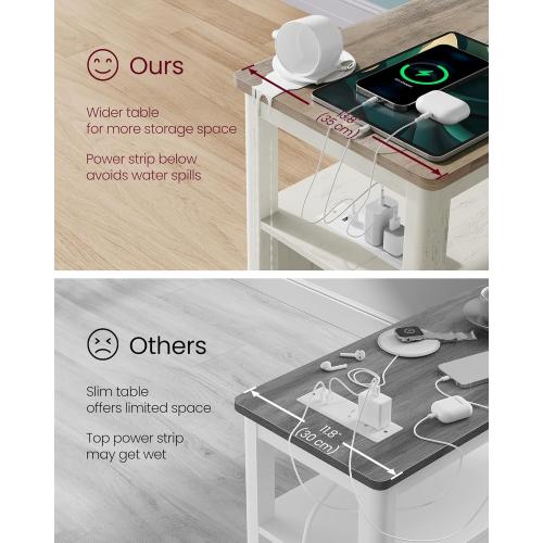 VASAGLE Side Table with Charging Station, Narrow Nightstand with 2 Drawers, Living Room End Table with Storage, for Small Spaces, Coastal Style, Vintage White and Heather Greige ULET322W73