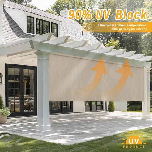 Outdoor Roller Shades，Cordless Patio Roller Up Blinds with Shade Cloth for Porch Gazebo Pergola Balcony Backyard，2 Poles & 1 Fabric，Sesame，72 Wx72 H