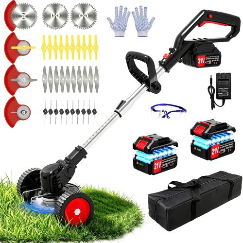 21V Electric Weed Wacker Cordless Weed Eater Battery Powered String Trimmer Battery Operated,3 in 1 Grass Trimmer/Brush Cutter/Lawn Edger, Metal Blades,Wheels, Stringless Weed Trimmer for Garden Yard
