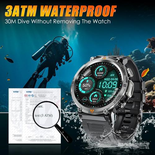 EIGIIS Military Smart Watch for Men Tactical Rugged with Bluetooth Call Flashlight 1.45'' Big Screen Fitness Tracker Heart Rate Sleep Monitor Waterproof Sports Smartwatch iPhone Android Black
