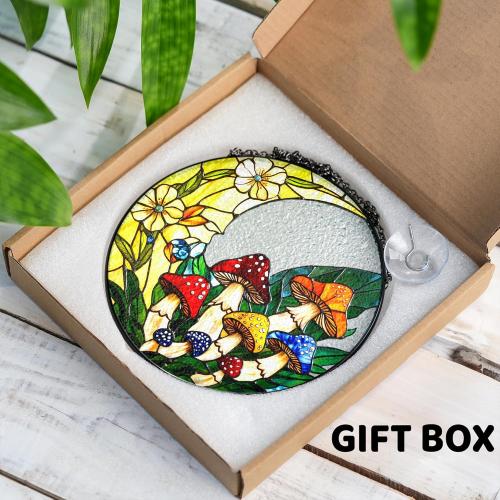 7.8 Mushrooms Stained Glass, Suncatcher for Window Hanging, Suncatcher Art Decor for Home Garden Housewarming, Natural Scenery Gift for Mom, Grandma, Women, Friends, Couples ART-12E-SG8
