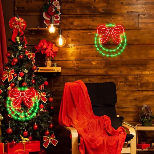 CESOF Christmas Wreath Window Lights Decorations, 14 Lighted Christmas Wreath with Bow, Remote Control Timer USB Powered Window Silhouette Lights for Home Door Wall Home Winter Xmas Party Decor