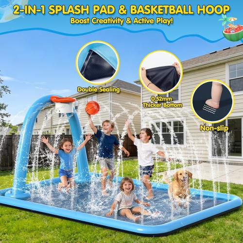 Instraella Splash Pad, 110x91'' 2-in-1 Large Sprinkler Mat with Basketball Hoop and Arch for Kids Outdoor Play, Shoot Game for Backyard, Inflatable Water Outdoor Toys More Fun for Boys and Girls