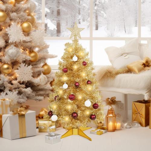 SUNSHINE DECOR Champagne Christmas Tree with Light 3ft Artifical Full Christmas Tree with Ball & Star Ornaments 8 Lighting Modes for Holiday Decor