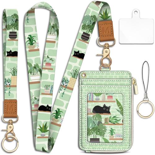 Cute Black Cat Lanyard Wallet with ID Badge Holder Small Slim RFID Keychain | Slim Credit Card Holder, Zipper Coin Pocket, Phone Lanyard Wrist Strap, Office Essential, Work, Teacher, Name Tag, Girl Gift