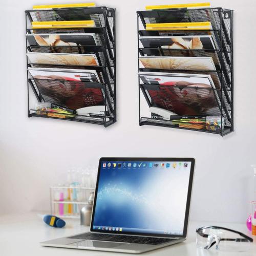 samstar 2 Pack Wall File Organizer, 6-Tier Wall Mount Paper Holder Vertical File Rack, Mesh Metal, for Office Home, Black