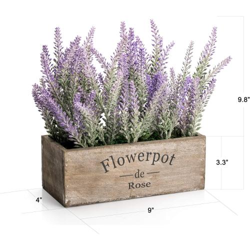 Velener Purple Artificial Lavender Flowers with Decorative Tray Wooden Box 9 Inches - Lifelike Faux Lavender Plants for Home and Office Decor, Fake Lavender Rustic Farmhouse Style