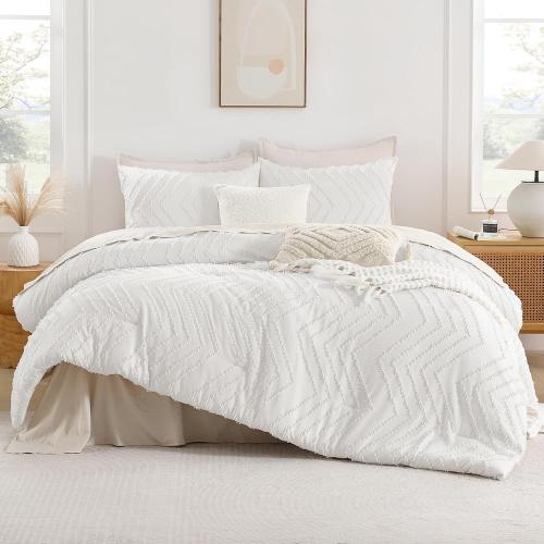 Andency White Twin/Twin XL Comforter Set, Twin Bed Comforter for College Dorm Girls Boys Kids Boho Soft Warm Cute Comforter, 2 Pieces Aesthetic Chevron Bohemian Bedding Set