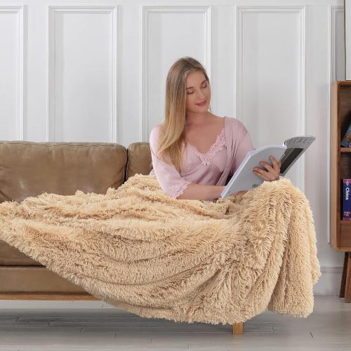 Tuddrom Decorative Extra Soft Faux Fur Throw Blanket 50x60,Solid Reversible Fuzzy Lightweight Long Hair Shaggy Blanket,Fluffy Cozy Plush Fleece Comfy Microfiber Blanket for Couch Sofa Bed,Apricot