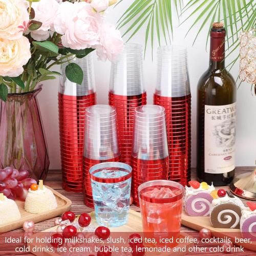 Gerrii 100 Pcs 10oz Plastic Cups Disposable Fancy Rimmed Cups Elegant Clear Drinking Tumblers for Wedding, Birthday, Halloween, Christmas, Graduation Party(Red)