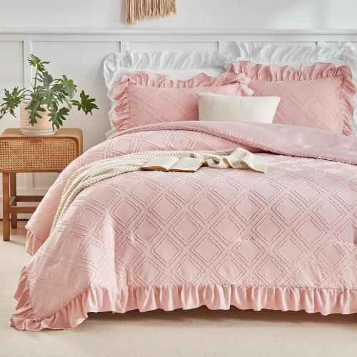 Tufted Ruffle Comforter Set Twin Size, Blush Pink Ruffled Farmhouse Comforters, Luxury Solid Soft and Embroidery Shabby Chic Boho Bohemian Bedding Set for Girls