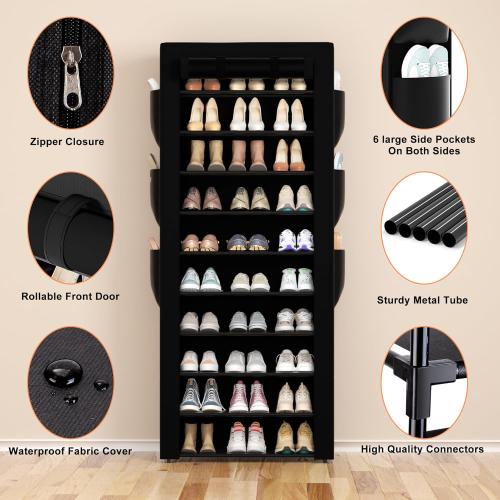 OYREL Large Shoe Rack, Black, 6 Side Pockets, 23.6 Wide x 11.4 Deep x 68.9 Tall, 36-41 Pairs of Shoes