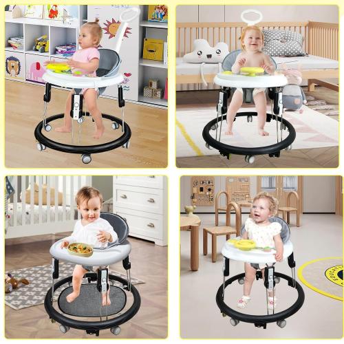 Foldable Baby Walker for Boys and Girls, 5-in-1 Baby Walker with Wheels, Adjustable Height Toddler Activity Walker with Music Tray, Detachable Seat and Mute Anti-Rollover Baby Walkers for 8-24 Months