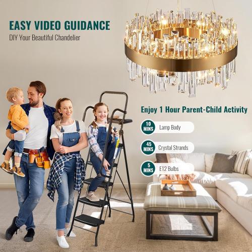 Siljoy 12-Light Modern Crystal Chandelier, Luxury Brushed Gold 2-Tiers K9 Crystal Raindrop Chandelier, Elegant Dimmable Crystal Chandelier Ceiling Light for Dining Living Room Kitchen D19.7''