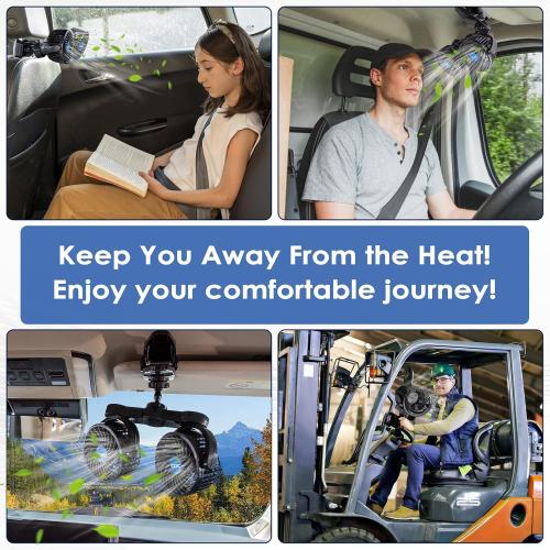 XOOL Clip Car Fan, Adjustable Dual Head 4 Inches 12V Fan for Front/Rear Seat Passenger, 360° Rotatable Electric Car Cooling Fans with Stepless Speed Regulation for SUV, RV, Vehicles