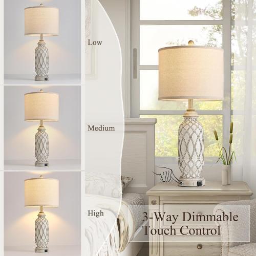 28 Table Lamps for Living Room Set of 2, Farmhouse Lamps for Bedroom with USB A C Charging Ports, Touch Lamps for Nightstand, 2 Bulbs Included