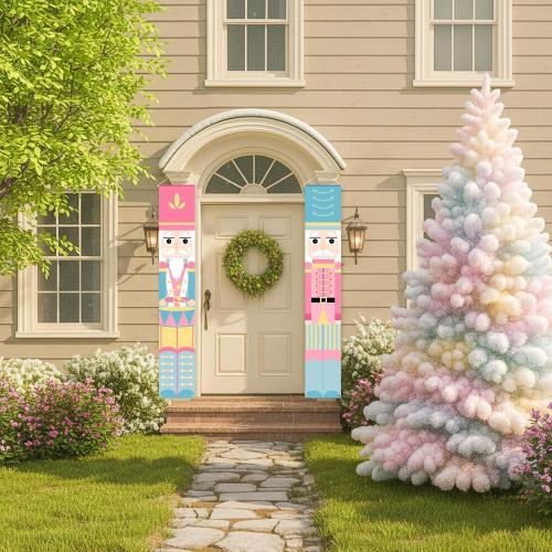 2 Pcs Nutcracker Christmas Porch Banner Decorations Pink Nutcracker Sign, Pastel Christmas Welcome Sign for Front Door 12 x 71 Candyland Xmas Door Hanging Banner Soldier Model Decor for Xmas