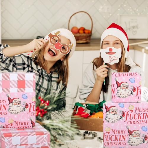 Altarho Funny Christmas Wrapping Paper Roll for Adult Women Men Husband - Pink Inappropriate Christmas Santa and Retro Buffalo Plaid Design Naughty Xmas Gift Wrap for Birthday Winter Holiday Decoration Total 28.5sq.ft