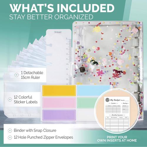 A6 Binder Cover, 12 Clear Envelopes, Budget Binder, Cash Envelopes for Budgeting, Budget Planner Organizer with Cash Envelopes, Ideal for Tracking, Organizing Finances with Ease