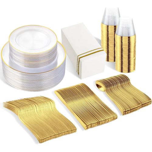 SUT 350Pcs Plastic Dinnerware Set for 50 Guests, Clear and Gold Plastic Plates, Disposable Plates and Napkins Party Supplies, Gold Silverware, Plates, Cups and Napkins Sets for Party Weddings