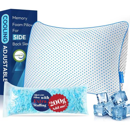 Adjustable Cooling Gel Memory Foam Pillows Queen Size for Sleeping 1 Pack,Firm Thick Bamboo Rayon Shredded Foam Bed Pillows for Side, Back, Stomach Sleepers Washable Breathable Pillowcase,College Dorm