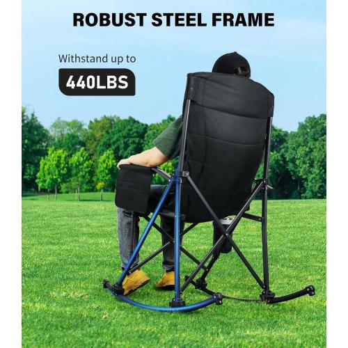 Folding Rocking Chair Supports 440 LBS, Outdoor Folding Chair, Rocking Camping Chairs with Cup Holder & Side Pocket, Padded Outdoor Chairs for Patio Lawn Garden Yard (Black)