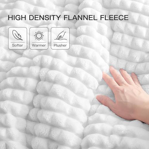 White 3Pc  Plush & Plaid Queen Fluffy Fleece Comforter Set with 2 Pillowcases, Extra Soft Warm Winter Bedding Set for Men Women Kid, Thick Heavy-Weight Luxury Furry Bed Set for Boy Girl, White