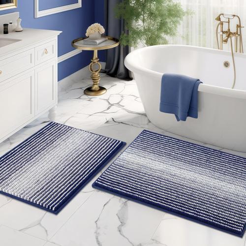 Bathroom Rugs and Mats Sets, 2 Piece Thick Absorbent Chenille Bath Mat Rug Set Non Slip, Soft Shaggy Bath Room Floor Mats for Bathroom, Machine Washable (20 x 32 Plus 16 x 24, Navy)