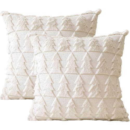 OTOSTAR Set of 2 Soft Plush Short Wool Velvet Decorative Throw Pillow Covers Square Luxury Style Cushion Case Pillow Shell for Sofa Bedroom Christmas Tree Cream Beige, 22x22 Inch