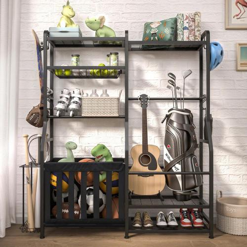 Faesun Garage Sports Equipment Organizer, Golf Bag Storage Rack, Heavy Duty Ball Holder with Basket & Hooks, Indoor/Outdoor Basketball Storage Bins for Toy Sports Gear Storage