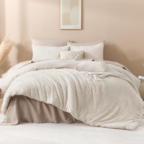 King Size Comforter Set Beige, 7 8-A-2400-A-1Pieces Boho King Bedding Comforter Set Cream, All Season Soft Lightweight Tufted Textured Down Alternative Comforter Fluffy Bed Set