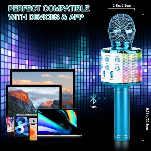 ShinePick Karaoke Microphone, 4 in 1 Wireless Microphone with LED Lights Handheld Portable Karaoke Machine, Home KTV Player, Compatible with Android & iOS Devices(Blue)