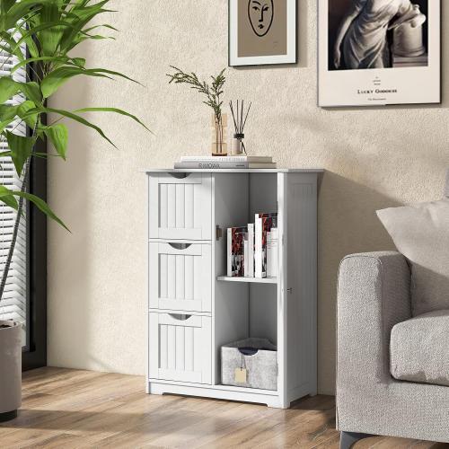 Wooden Freestanding Cabinet w/Adjustable Shelf, 3 Drawers & 1 Door, for Bathroom, Living Room, Entryway & Kitchen