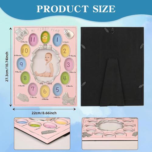 My First Year Photo Frame – Baby's Monthly Milestone Memory Display | Classic Baby Picture Frame Keepsake for Boys & Girls | 12 Monthly Photo Slots in Pink | Nursery Wall Décor