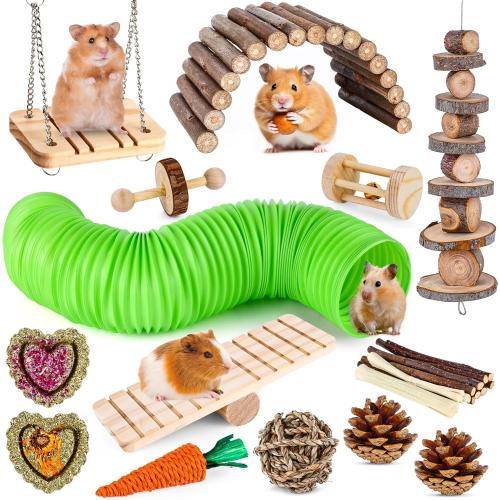 VESPRO Hamster Toys Set, Guinea Pig Toys Small Animal Chewing Toy and Rat Cage Accessories, Chinchillas, Gerbils, Rats, Rabbit Rodents Teeth Care, Apple Wood Timothy Hay Mouse Toy Swing Seesaw Bridge