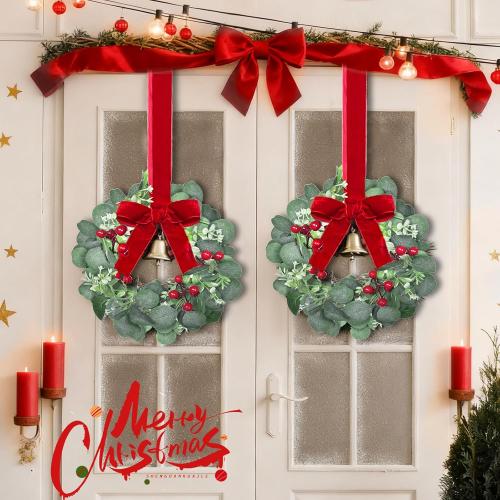 6 Pack 12 Inch Mini Christmas Wreath Small Christmas Kitchen Cabinet Wreaths with Red Bow Eucalyptus Leaves Flowering Boxwood Branches Red Berry Xmas Wreaths for Windows Door Wall Stairs Home Decor