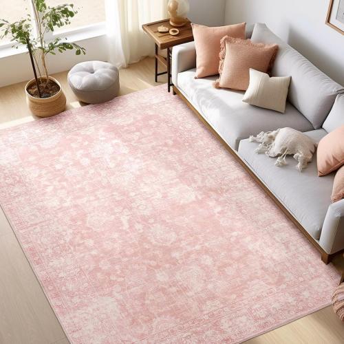 FROZZUR Boho Pink Area Rug 5x7 – Soft Washable Vintage Rug with Non-Slip Backing for Living Room, Bedroom & Nursery, Cozy Home Decor
