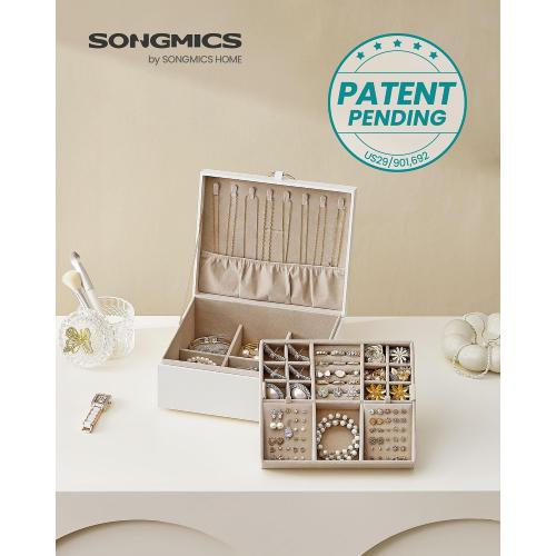 SONGMICS 2-Layer Jewelry Box, Jewelry Organizer with Handle, Removable Jewelry Tray, Jewelry Storage, Floating Effect, 8.1 x 9.4 x 4.3 Inches, Gift Idea, White UJBC165W01