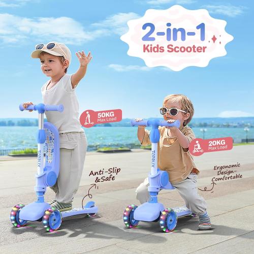 TONBUX Kids Scooter with Seat, 3 Wheels Scooter with PU Luminous Wheels, Non-Slip Handle and Wide Deck, Sensitive Brakes, 4-Level Adjustable Height, Scooters for Kids 2–8 Years