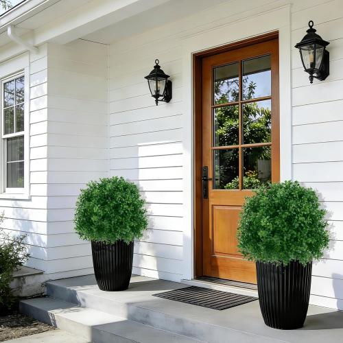 U'Artlines 23.6 Artificial Boxwood Topiary Ball Trees with Ground Spike, Faux Greenery Plants UV Resistant Fake Shrubs Bushes for Front Porch Garden Yard Outdoor Decor, Set of 2