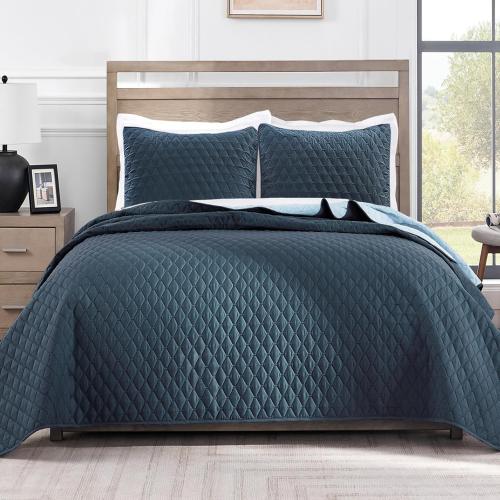 Exclusivo Mezcla Reversible Full Queen Quilt Bedding Set with Pillow Shams, Lightweight Quilts Queen Size, Soft Bedspreads Bed Coverlets for All Seasons - (Navy Blue, 90x96)