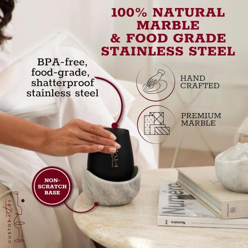 Gusto Nostro White Marble Wine Chiller for Glass and Stainless Steel Tumbler Set of 2 - Freezable Wine Glass Chiller Holder - Cool Set of Chillers and Stemless Metal Wine Tumblers for Home Bar (Black)