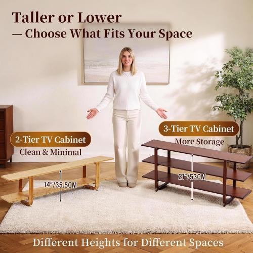 Wood Bamboo TV Stand for 55-Inch TVs, 2 Open Shelves, Modern Console | Mid Century Style, Open Storage for Electronics and Decor in Living Rooms and Bedrooms