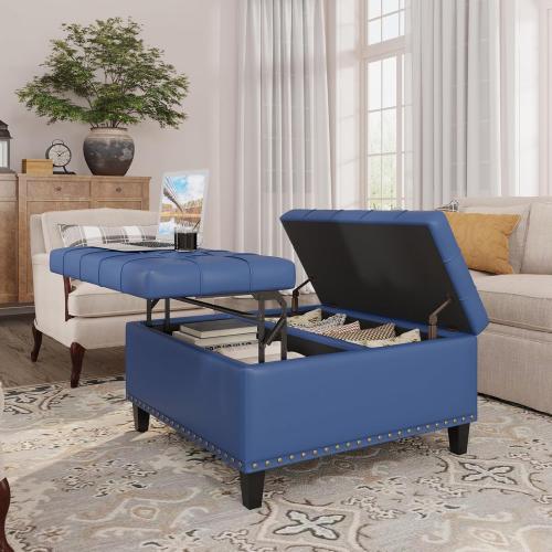Ottoman Stool Square Ottoman Storage Bench Faux Leather Lift Top Upholstered Footrest Stool for Living Room(Blue)