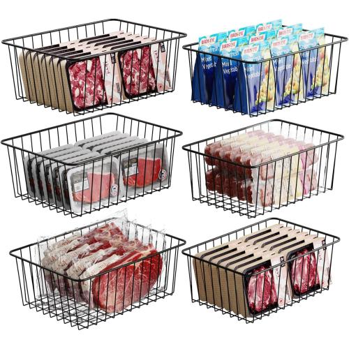 iSPECLE Freezer Organizer Bins - 6 Pack Stand Up Freezer Organizers for 16 Cu.Ft Upright Freezer, Storage Baskets for Meat & Veggies, Prevents Items Falling, Slide-Out Access, 3 Large 3 Medium, Black