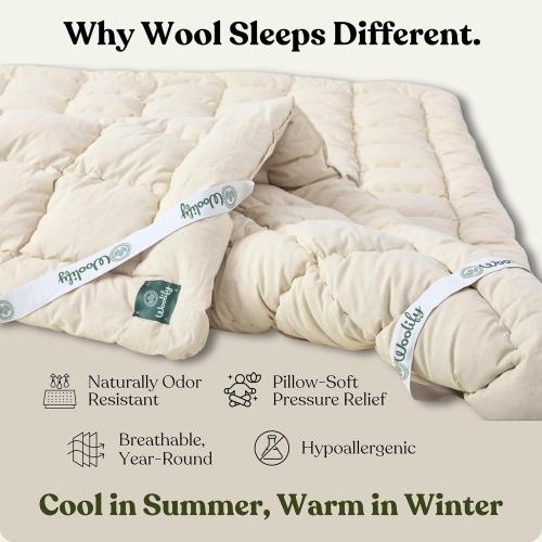 Organic Merino Wool Mattress Topper 1650 GSM - Pillow Top Mattress Pad, Handmade, Non-Toxic, Cooling and Hypoallergenic Wool Topper for Back Pain Relief (Queen)